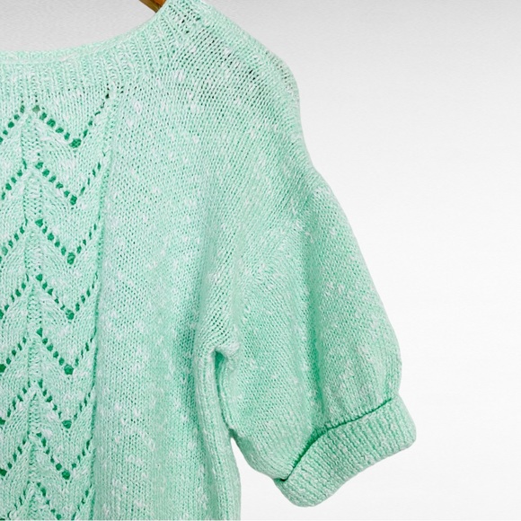 VINTAGE | Mint Green Hallow Out Knit Lace Chevron Cuffed Sleeve Pullover Sweater - Picture 5 of 8